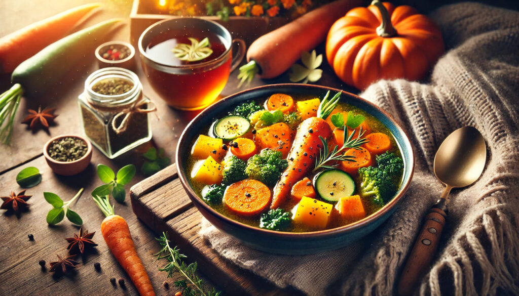 A cozy and inviting winter meal with a steaming bowl of hearty vegetable soup made of carrots, sweet potatoes, and squash, placed on a rustic wooden table with a warm blanket and herbal tea, perfect for a winter wellness theme.