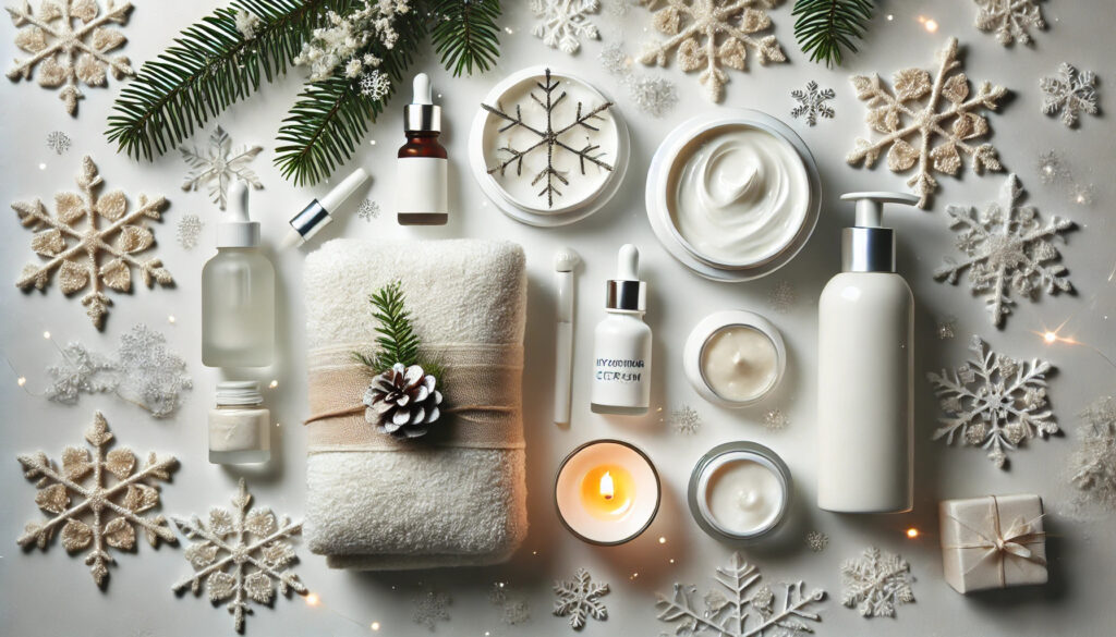 A flat lay of winter-themed skincare products, including a hydrating cream, serum, and sunscreen, arranged on a white background with snowflake patterns, surrounded by cotton towels, a sprig of pine, and a lit candle for a cozy winter skincare routine.