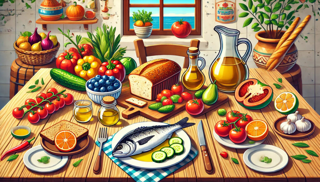 Mediterranean table with olive oil, bread, vegetables, and grilled fish