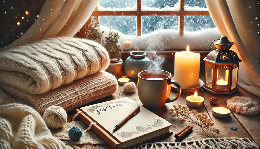 A serene winter wellness setup featuring a soft blanket, a steaming mug of herbal tea, an open gratitude journal, and a lit candle on a wooden table, with a snowy window in the background, symbolizing mindfulness and cozy self-care during winter.