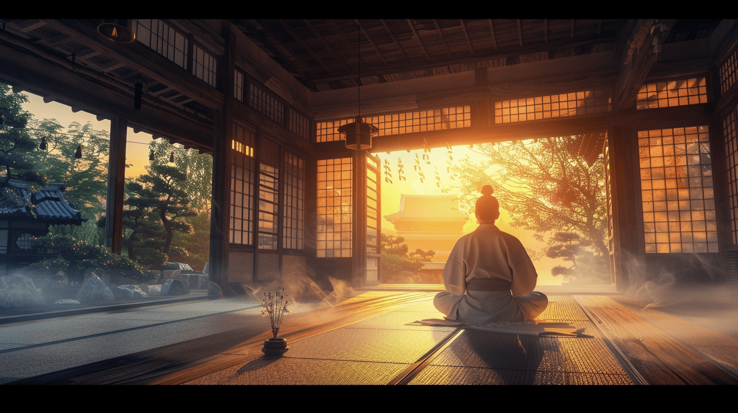 A traveler practicing Zen meditation inside a traditional Japanese temple during a temple stay experience.