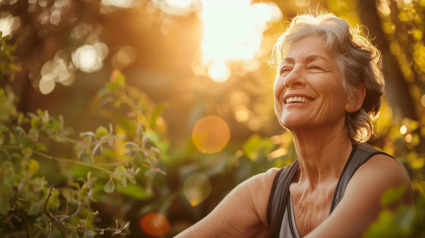 A smiling older woman doing yoga in the morning sun... healthy aging, hormone balance, and vitality.