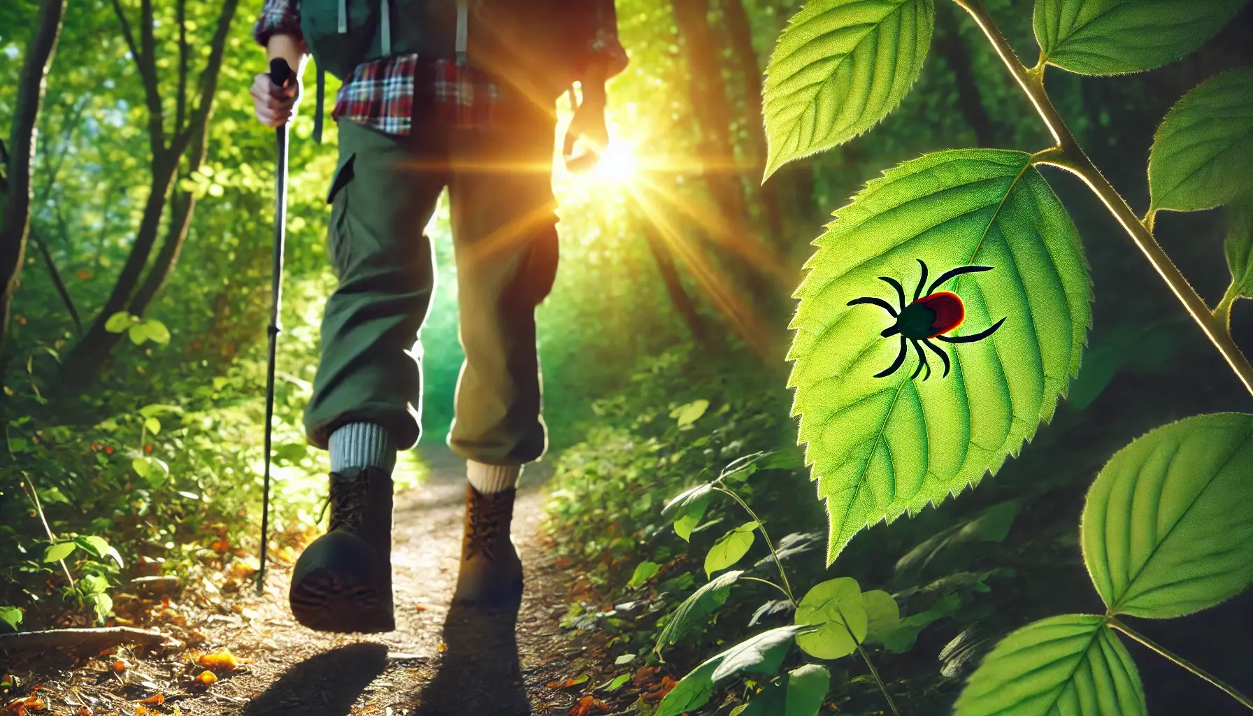 Person walking through a forest path in spring, with a visible tick on their leg – visual representation for Lyme disease prevention.