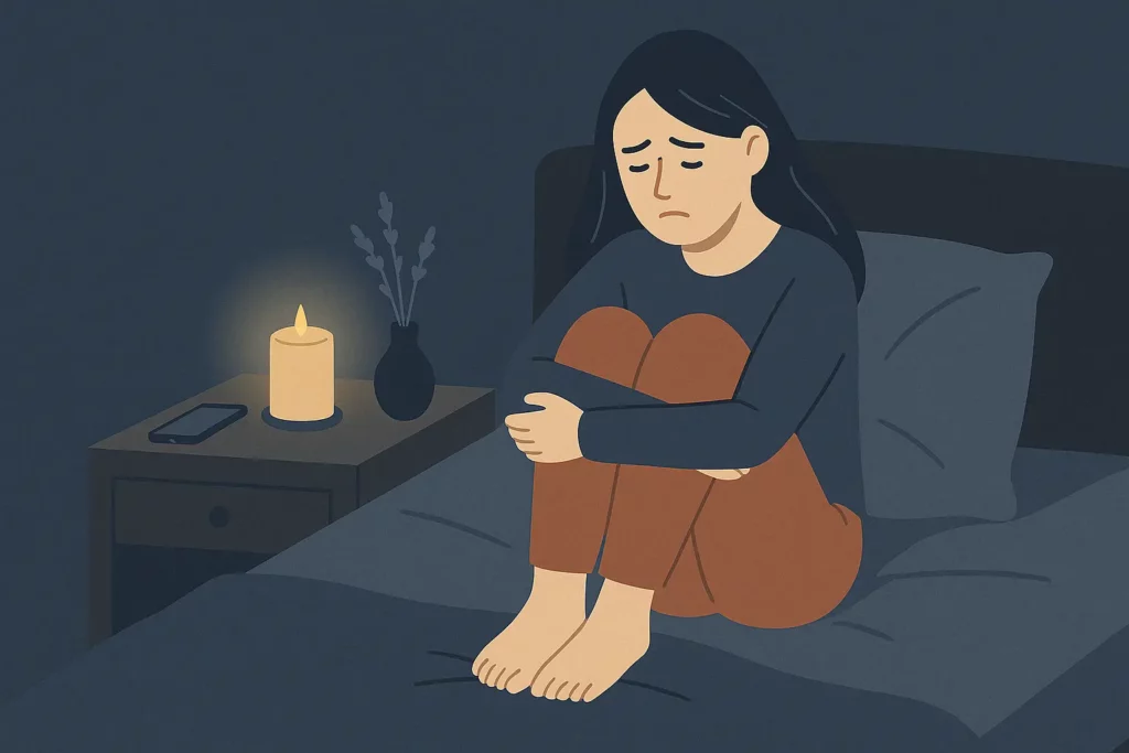 眠れない夜 死にたい夜に、アロマとキャンドルの灯りでセルフケアを実践する女性のイラスト