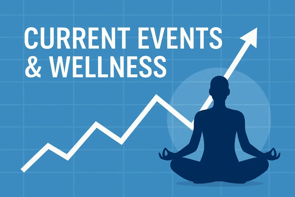 Google Trends rising graph with a person meditating, symbolizing the link between current events and wellness.