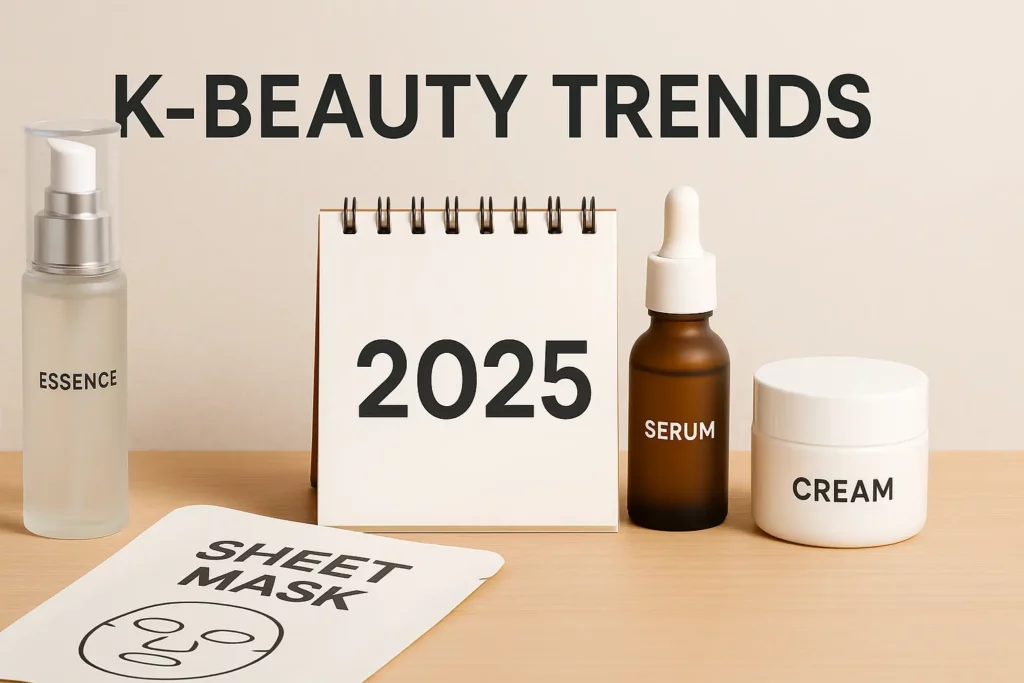 Modern vanity table with Korean skincare products representing K-Beauty trends in 2025